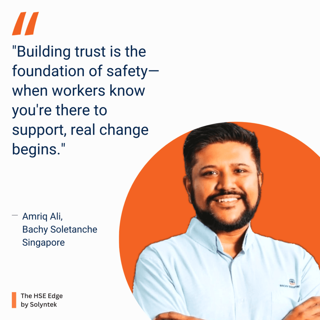 Podcast cover image for 'The HSE Edge by Solyntek AI,' featuring Amriq Amir of Soletanche Bachy discussing safety leadership, innovation in construction, and building a strong safety culture in high-risk environments.
