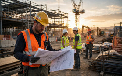 Construction workers in safety gear reviewing plans on a construction site at sunset